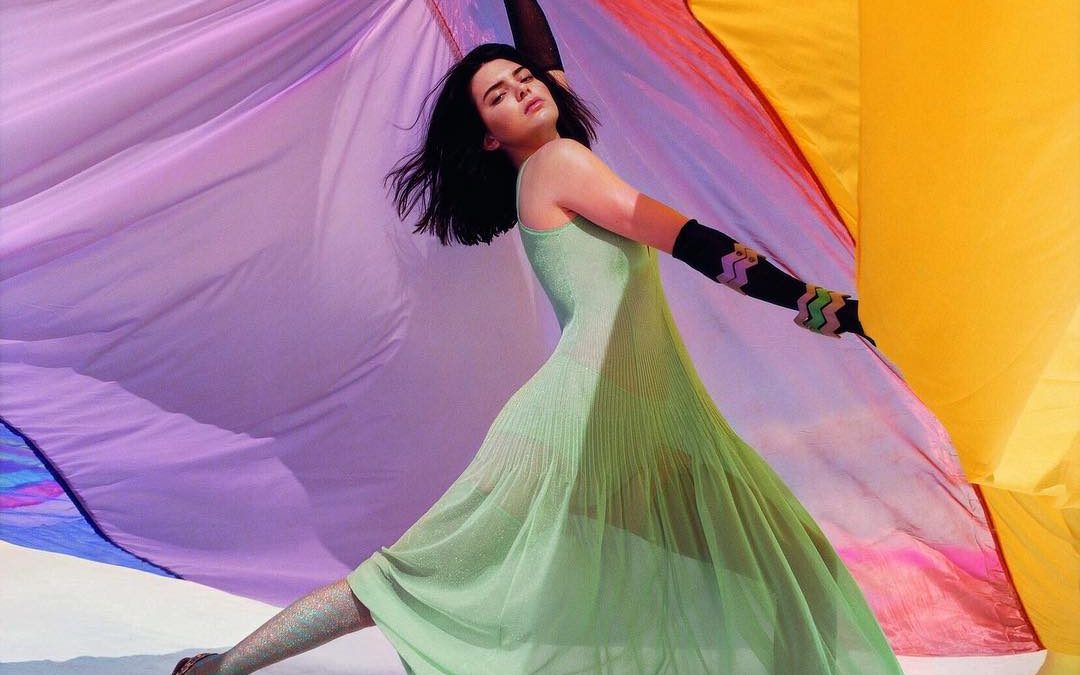 Kendall Jenner holding up a colorful fabric